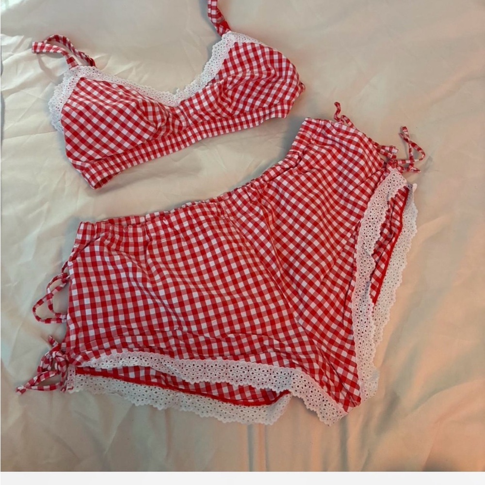 Red Gingham Lingerie Set with Lace Trim